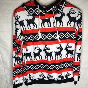 Womens Graphic Print Christmas Reindeer Womens Medium Hooded Long Sleeve Shirt